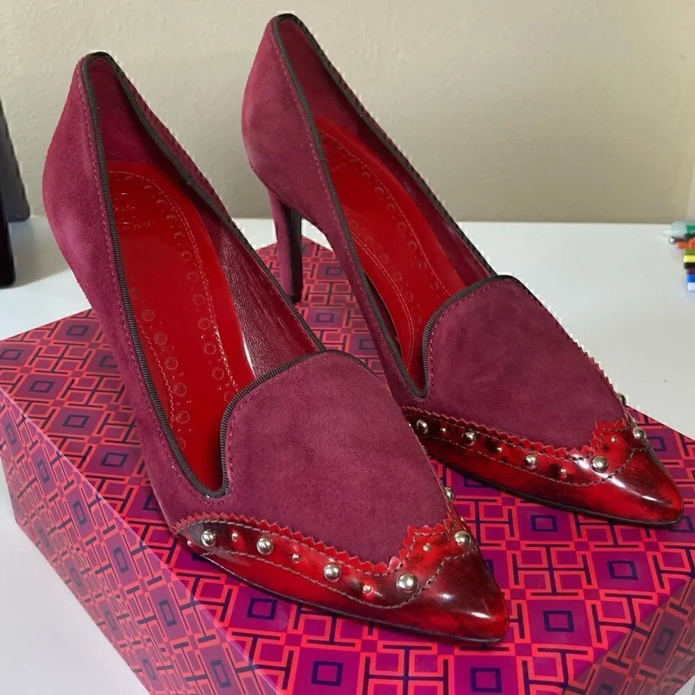 TORY BURCH Red Suede Leather Gold Studded Women’s Pumps Gothic Victorian 7.5 NiB